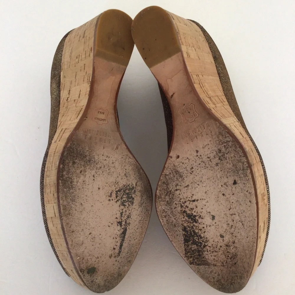 STUART WEITZMAN CORKSWOON BRONZE GLITTER CORK PLATFORM WEDGE SHOES SIZE …